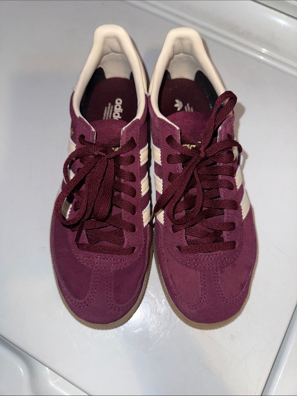 Buegundy adidas Handball Spezial Burgundy Suede Sneakers with White Stripes